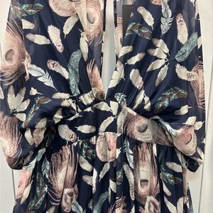 Fashion Nova Navy and Pink Feather Print Backless Dress